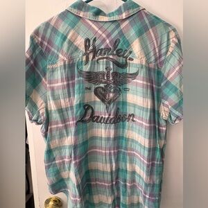 Harley-Davidson Women’s Casual Plaid Shirt - Teal and Lavender